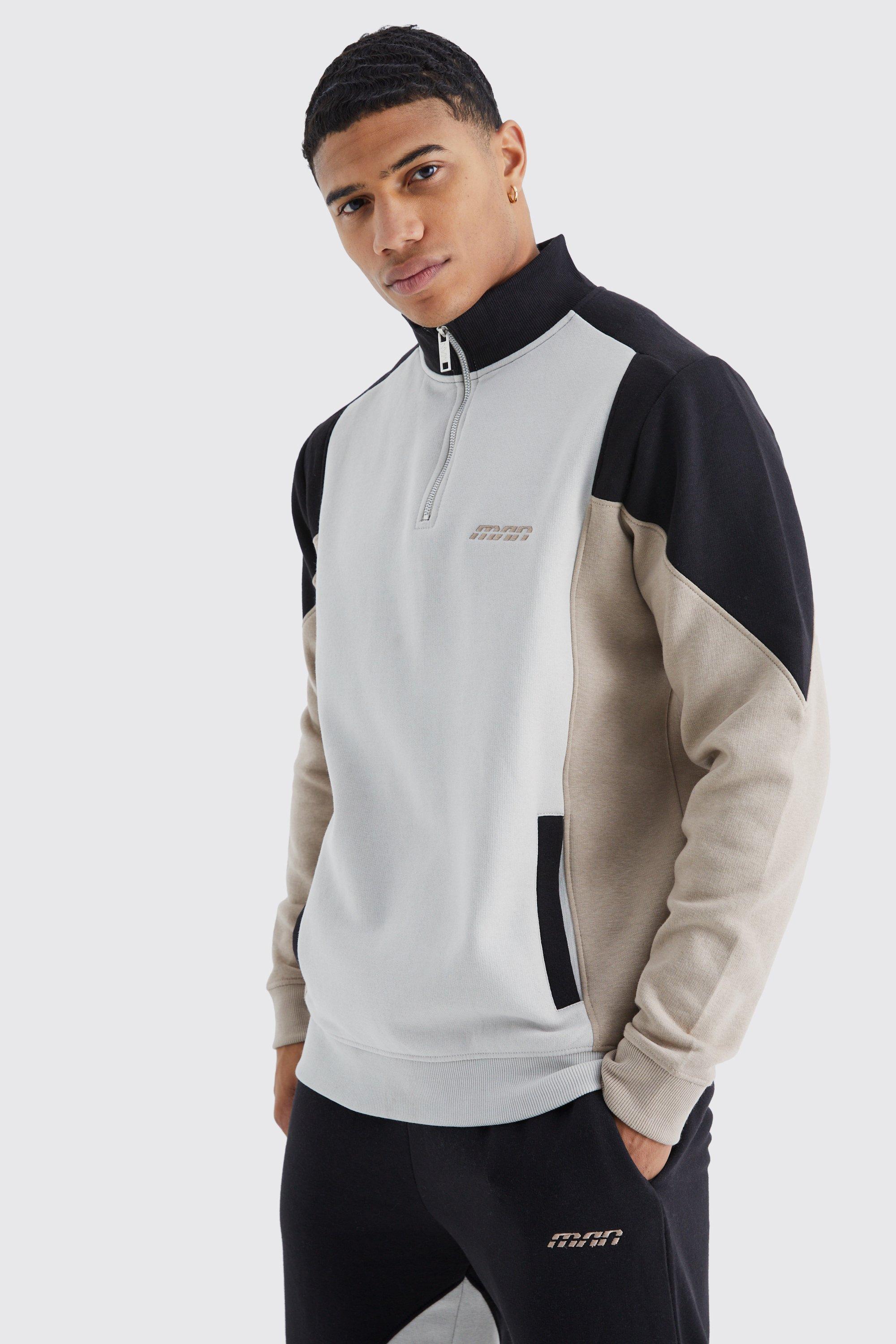 Man 1/4 Zip Funnel Neck Colour Block Tracksuit | boohooMAN USA Product Image