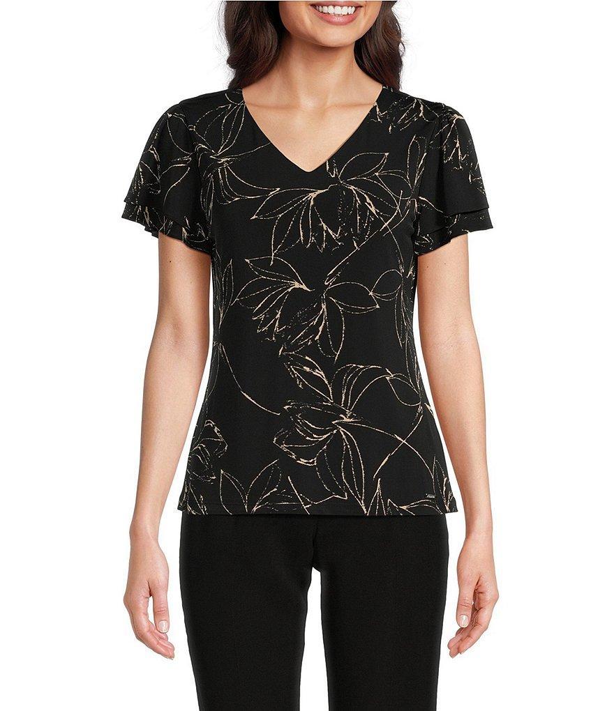 Calvin Klein Matte Knit Jersey Sketch Floral Print Short Flutter Sleeve V-Neck Top Product Image