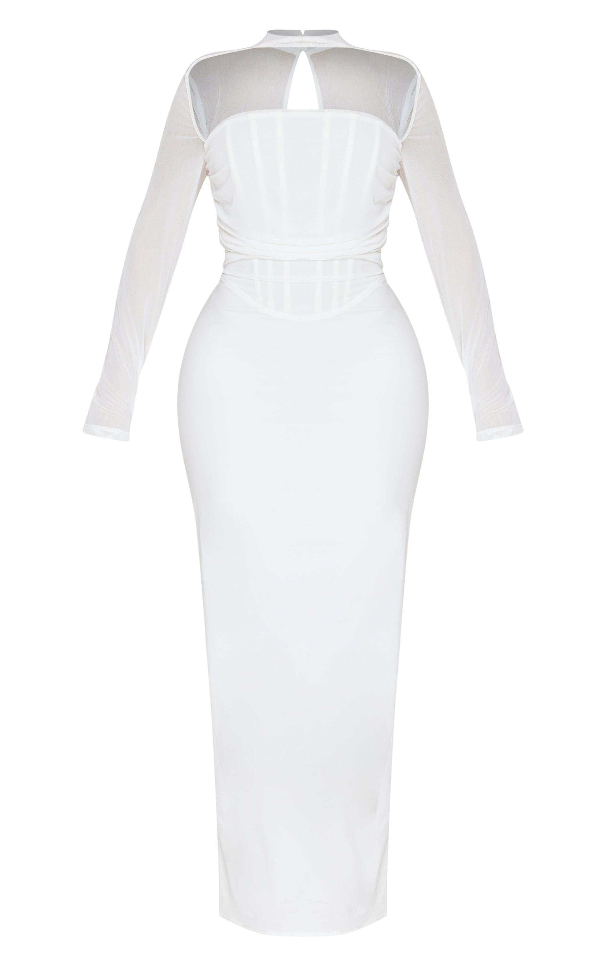 Shape White Mesh Long Sleeve Ruched Corset Maxi Dress Product Image