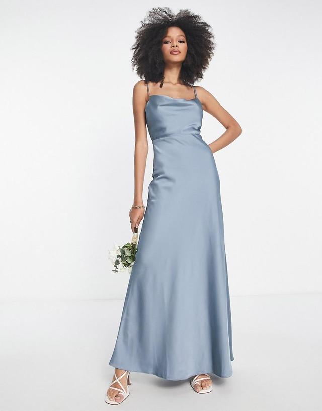 ASOS DESIGN Bridesmaid satin cowl neck maxi dress with full skirt in sage green  Product Image