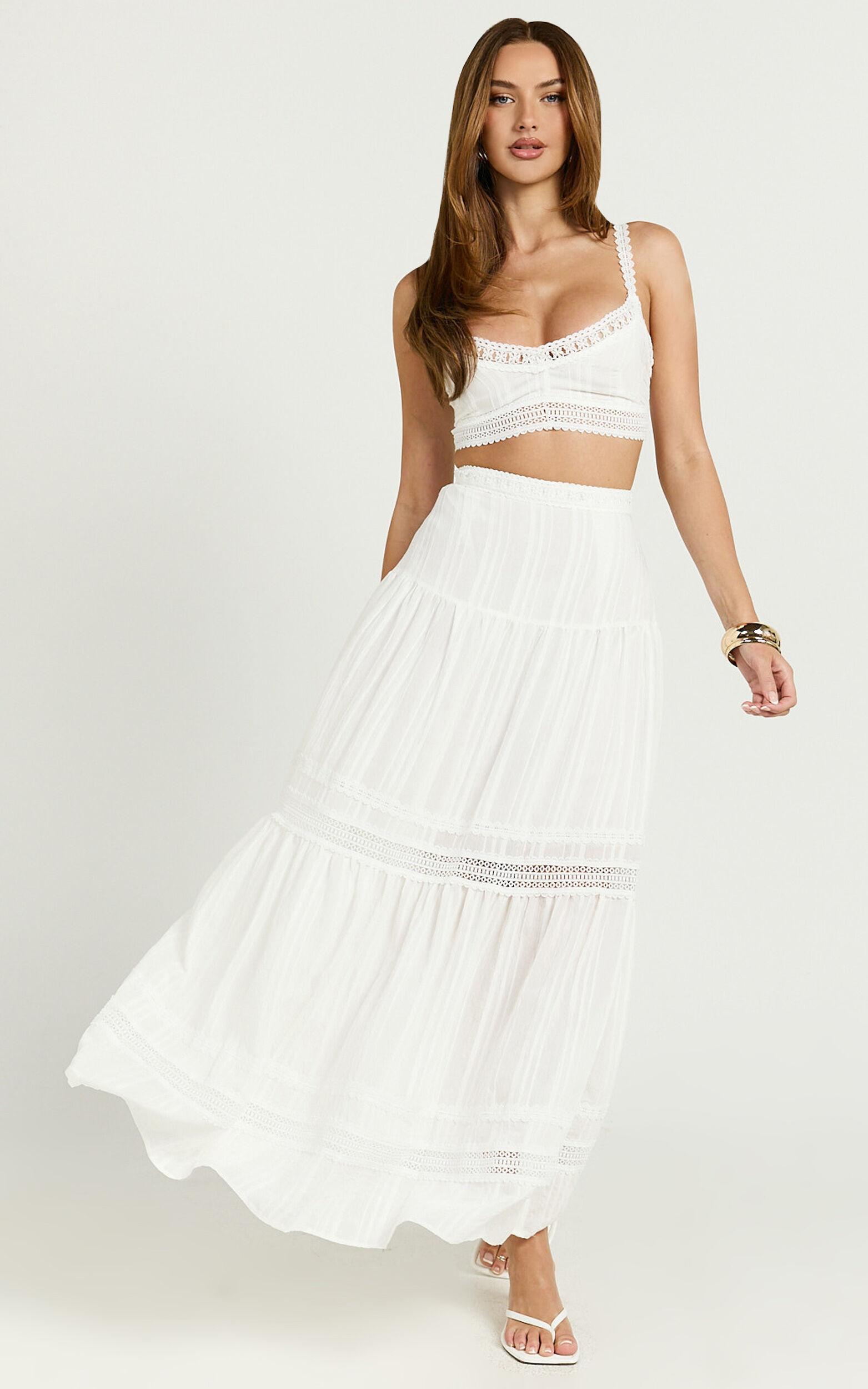 Kamiko Two Piece Set - Lace Trim Sweetheart Top and Lace A Line Skirt in White Product Image