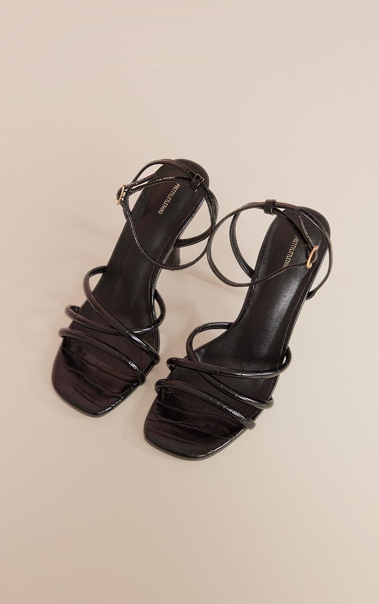 Black Snake Pu Square Toe Cross Over Strap Mid Heeled Sandals Product Image