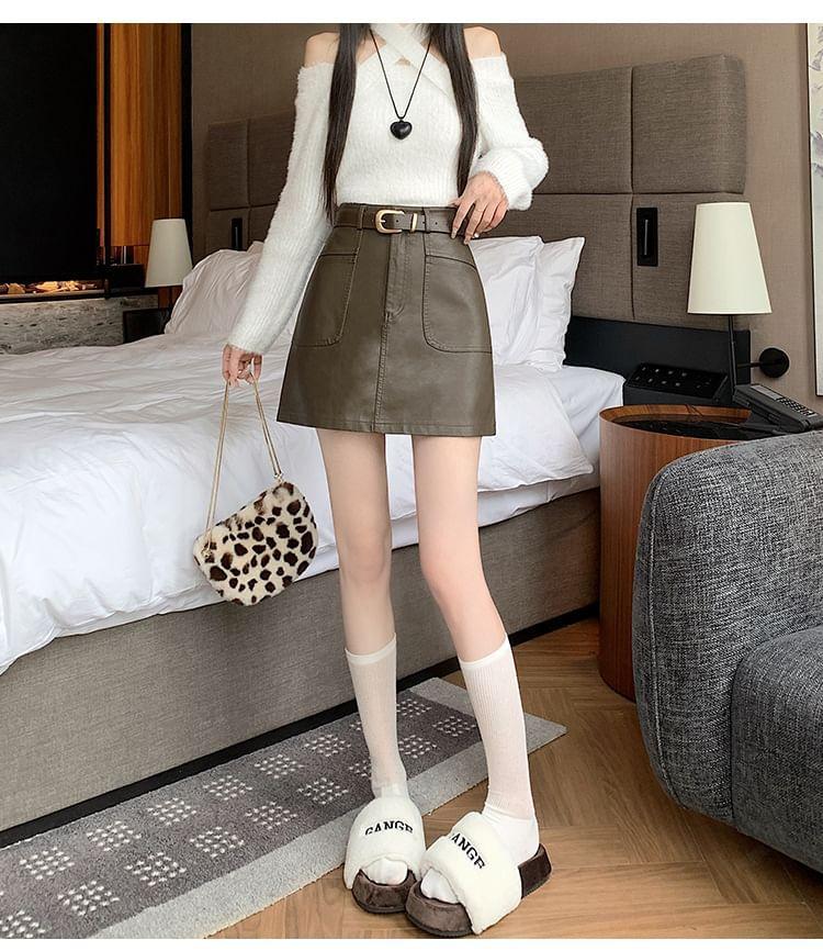 High Waist Faux Leather Mini Skirt Product Image