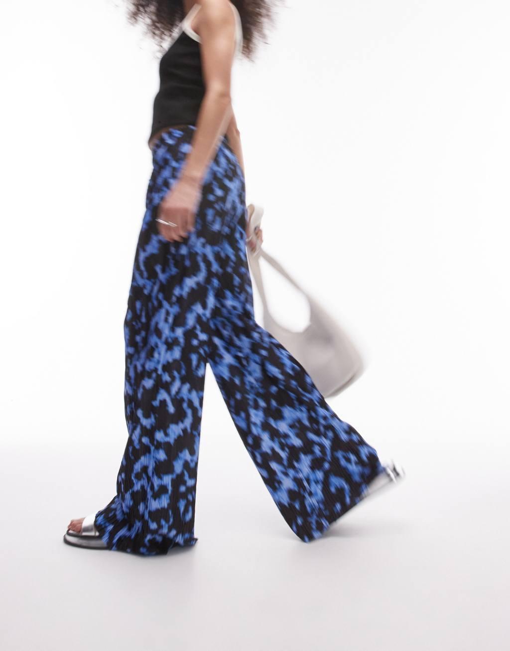 Topshop blurred crinkle plisse wide leg pants in cobalt Product Image