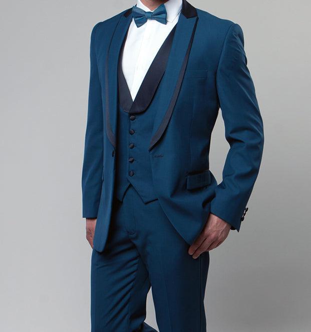 Blue Slim Fit Tuxedo 3 Piece with Satin Shawl Collar Vest Product Image