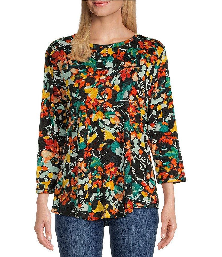 Westbound Midnight Abstract Floral Print 3/4 Sleeve Knit Crew Neck Top product image