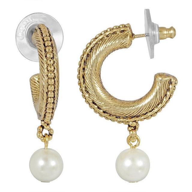 1928 Gold Tone & Simulated Pearl Drop Hoop Earrings, Womens, White Product Image