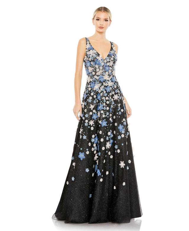 Womens Floral Applique Sleeveless A-Line Evening Gown Product Image