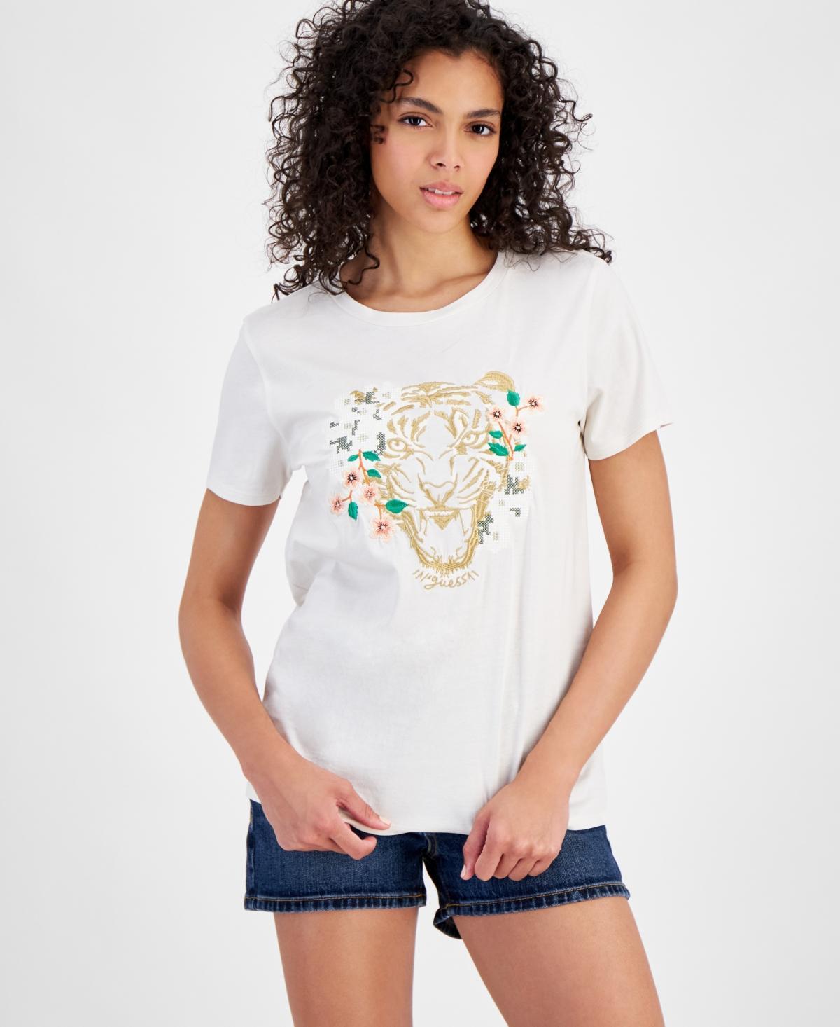 Guess Womens Embroidered Tiger Daisy Short-Sleeve T-Shirt Product Image