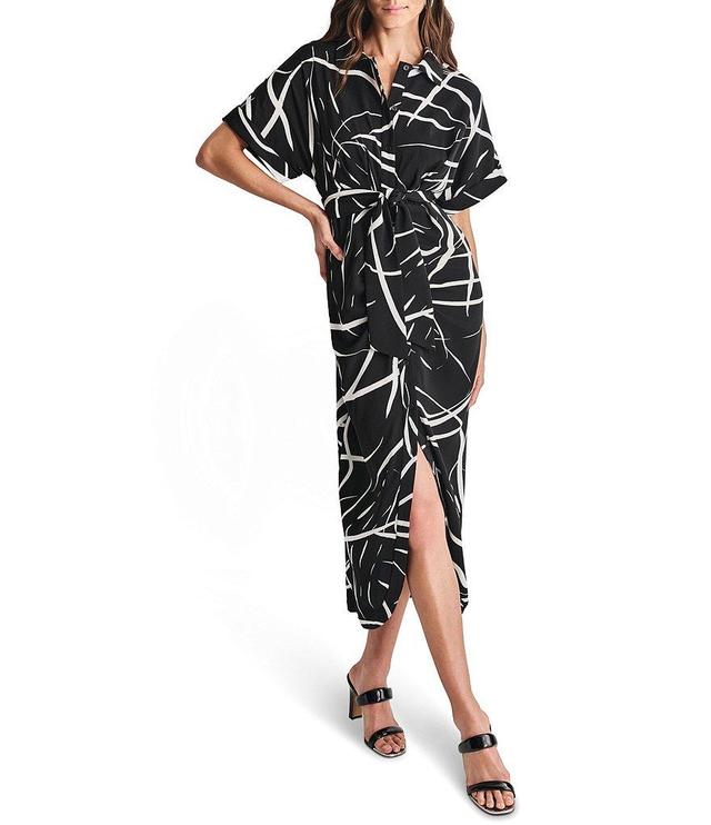 DKNY by Donna Karan Printed Collar Neck Short Sleeve Button Down Tie Front Midi Dress Product Image