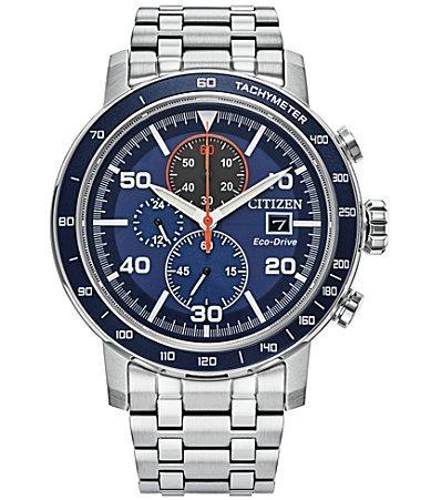 Men's Citizen Eco-DriveÂ® Brycen Chronograph Silver-Tone Watch with Blue Dial (Model: Ca0850-59L) Product Image