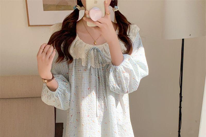 Puff-Sleeve Plaid Lace Trim Pajama Dress Product Image