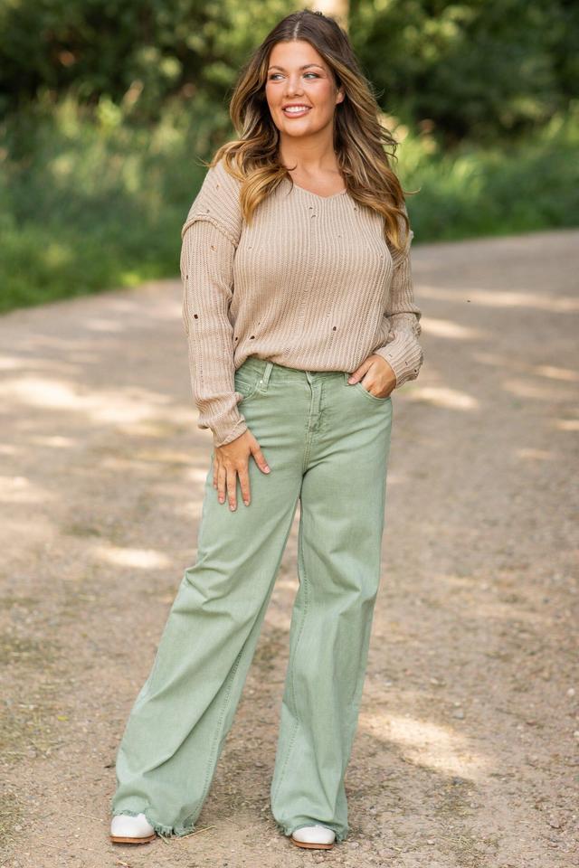 Risen Sage Wide Leg Distressed Hem Jeans Product Image