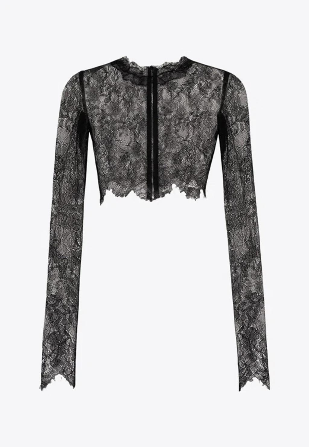 DOLCE & GABBANA Long-sleeve Cropped Chantilly Lace Top In Black Product Image