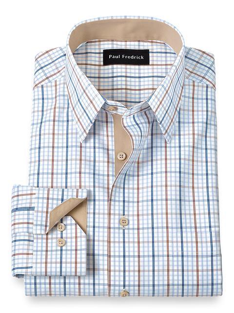 Non-Iron Cotton Tattersall Dress Shirt With Contrast Trim - Blue/brown Product Image