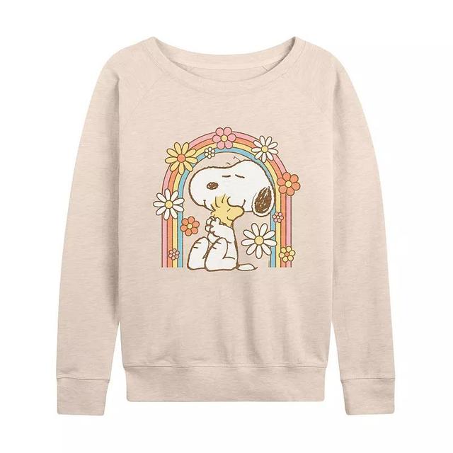 Womens Peanuts Snoopy and Woodstock Flower Rainbow Slouchy Graphic Sweatshirt Beig/Green Product Image