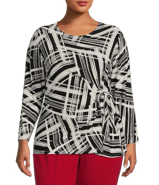 Kasper Plus Size Scattered Stripe Print Tie Front Waist Long Sleeve Blouse Product Image