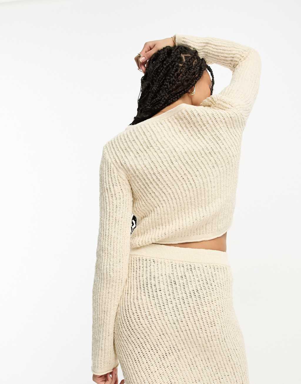 ASOS DESIGN crop sweater in textured ladder stitch in cream - part of a set Product Image