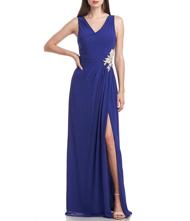 JS Collections Chiffon V-Neck Sleeveless Floral Applique Side Slit Gown Product Image