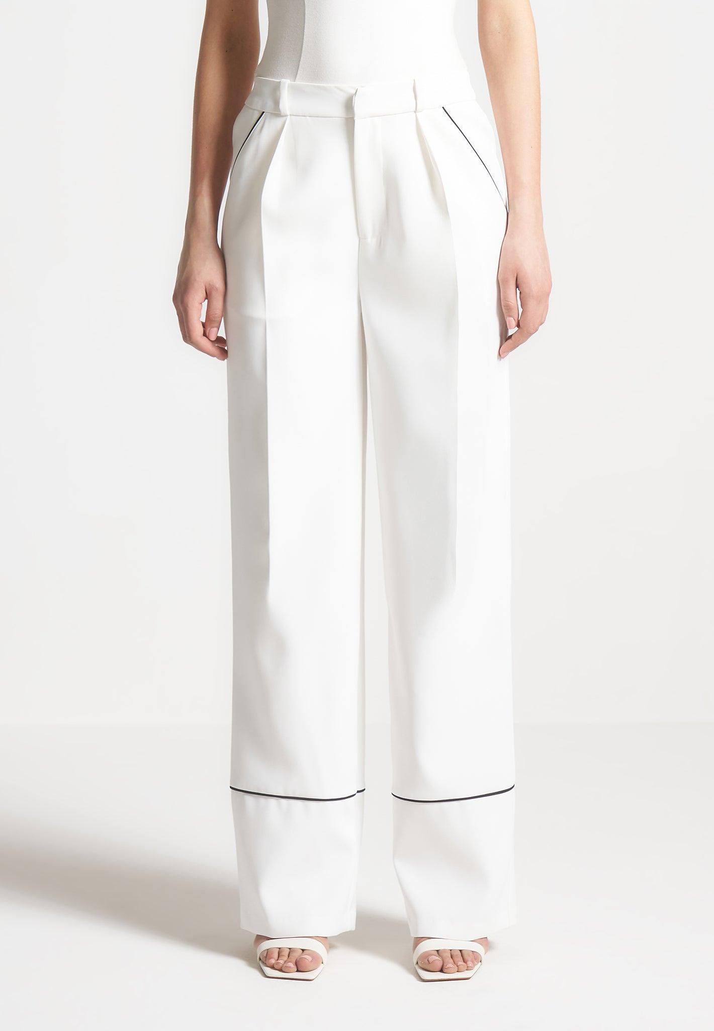 Contrast Piped Pleated Trousers - White/Black Female Product Image