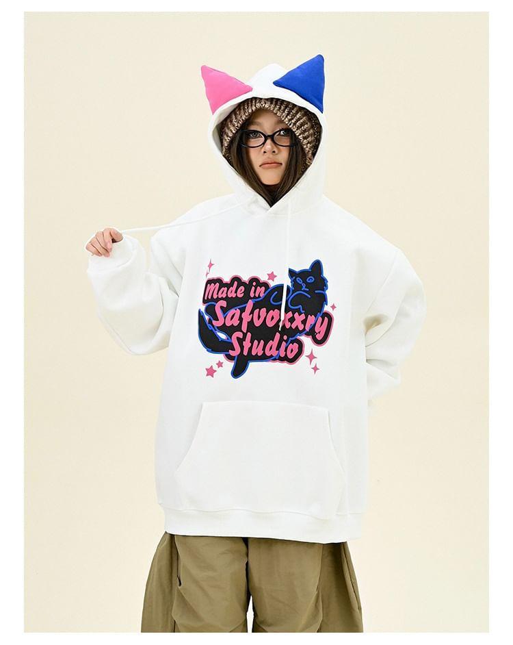 Drawstring Cat Ear Printed Oversized Hoodie Product Image