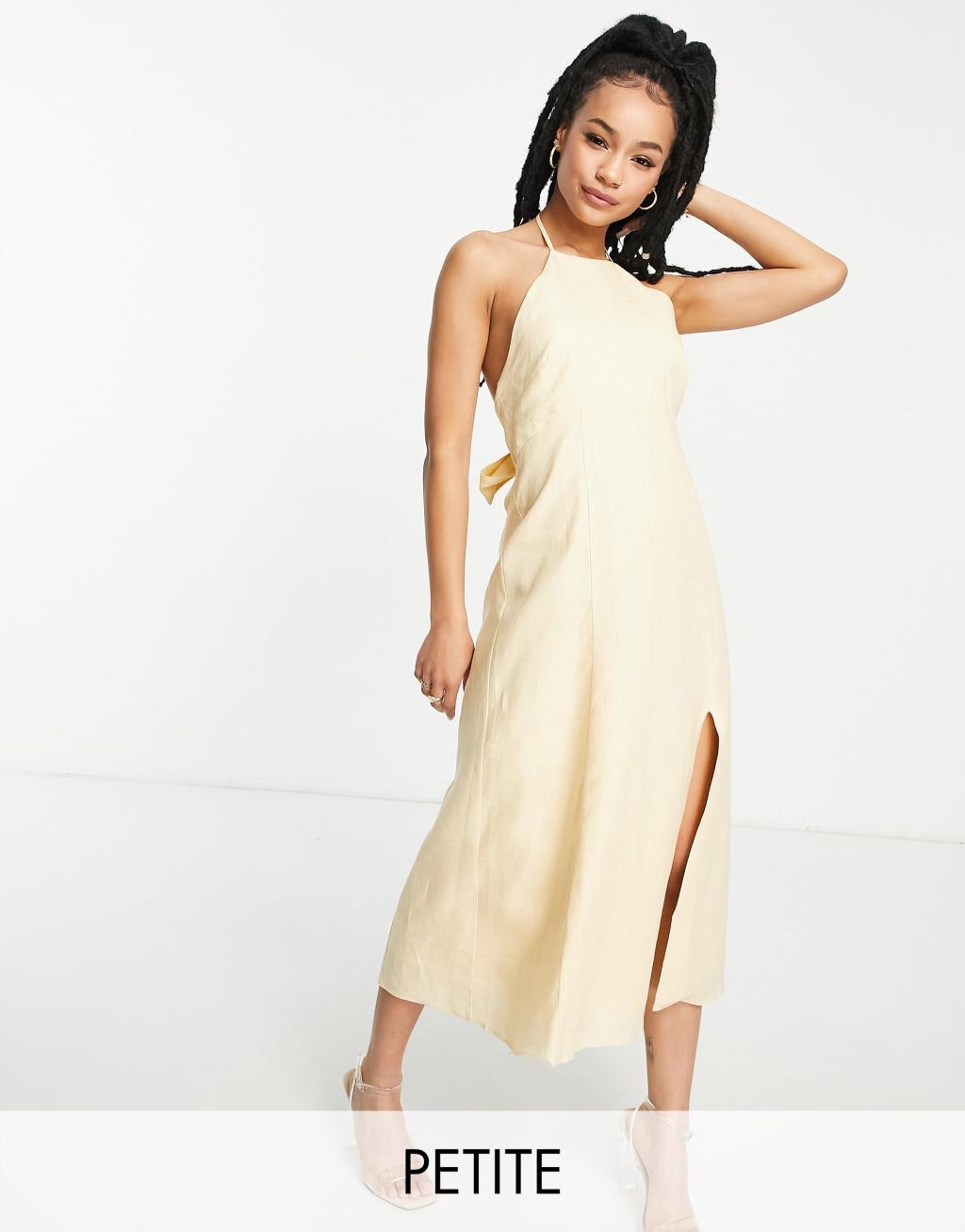 Ever New Petite tie back halter split dress in yellow Product Image