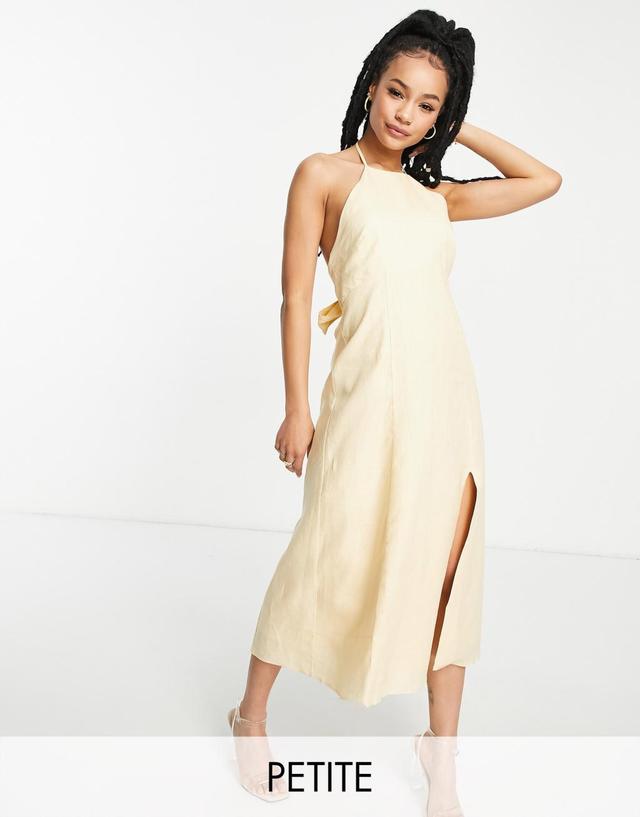 Ever New Petite tie back halter split dress in yellow Product Image