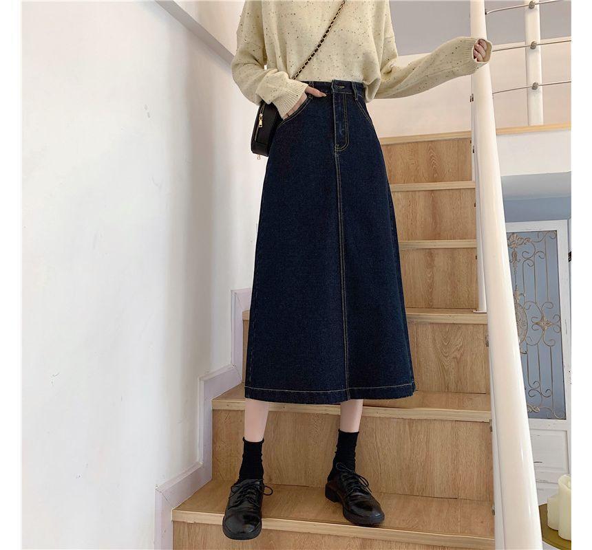 High-Waist A-Line Silt-Back Denim Midi Skirt Product Image