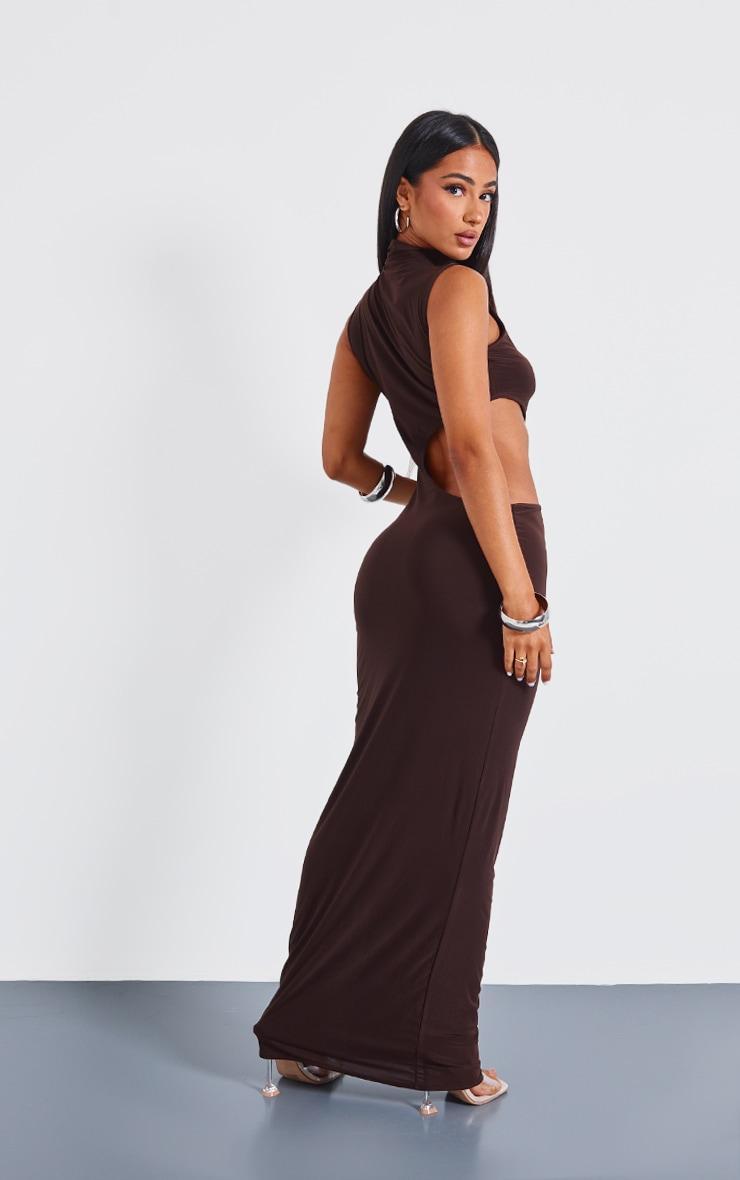 Petite Chocolate Bodycon Slinky Cut Out Maxi Dress Product Image