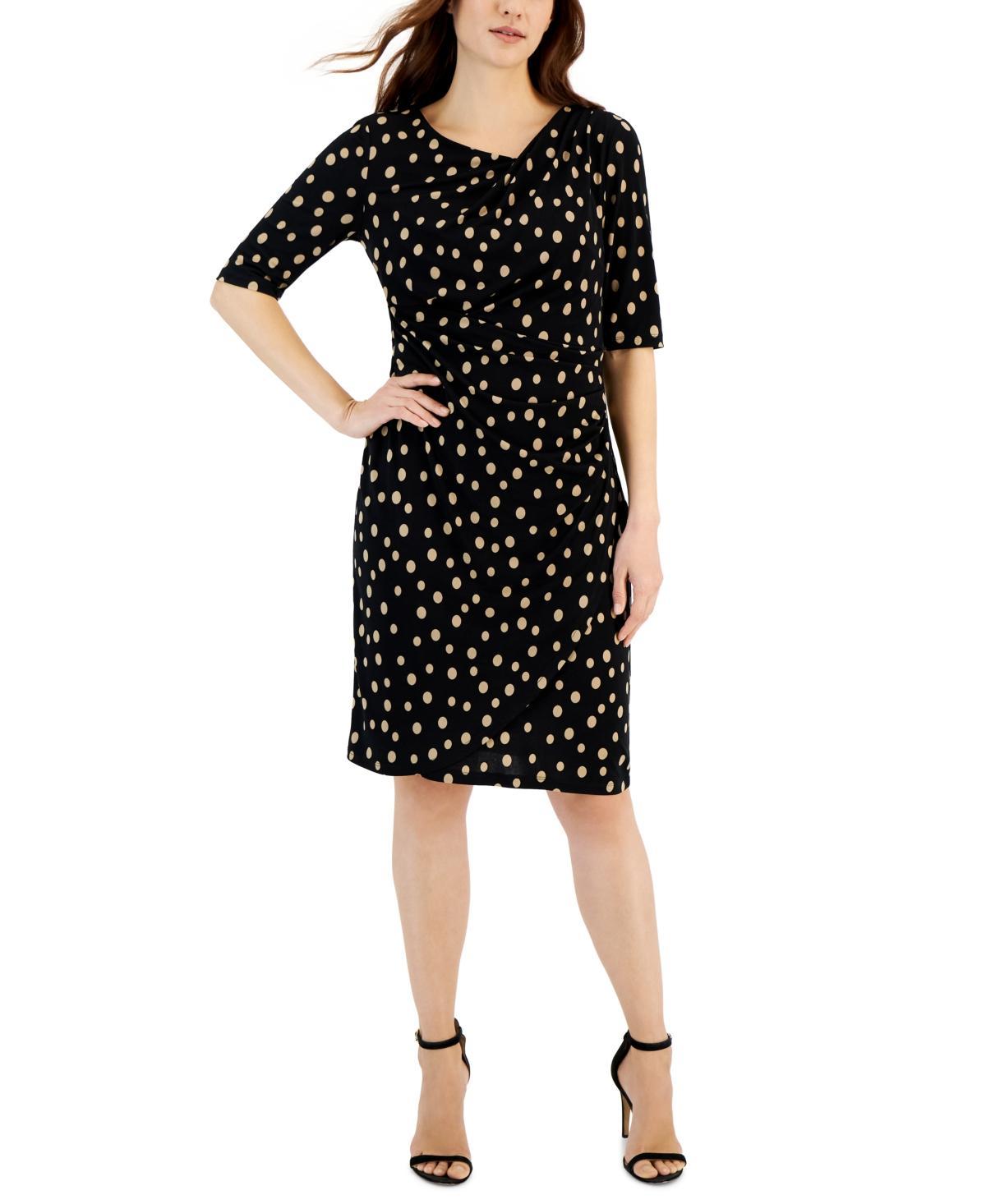 Connected Womens Dot-Print Asymmetrical-Neck Faux-Wrap Dress product image