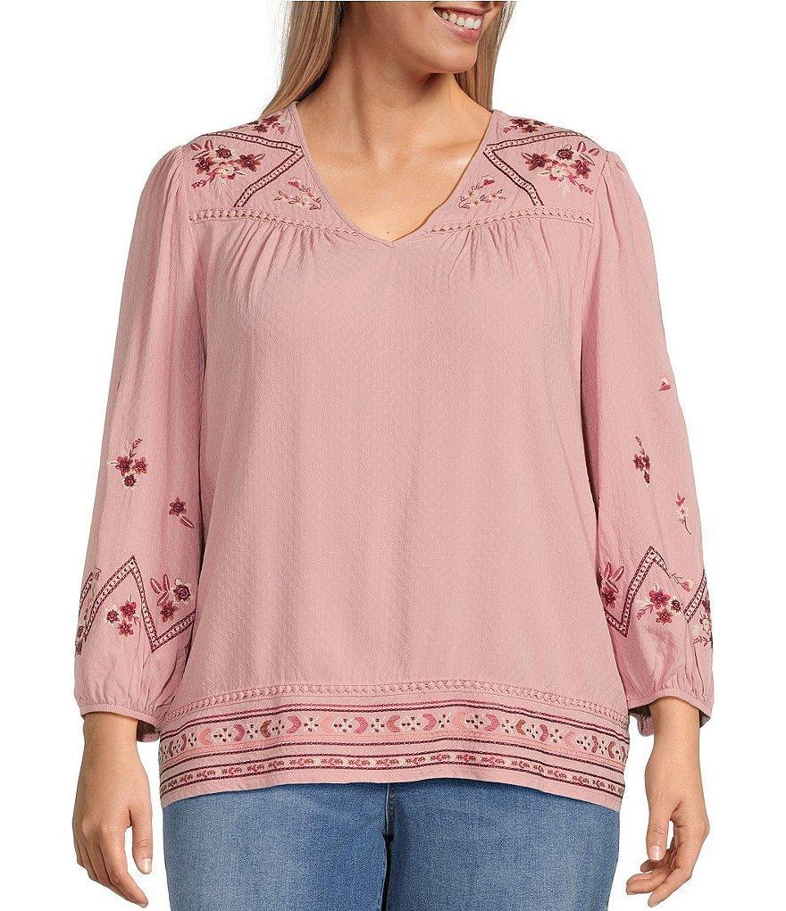 Nurture by Westbound Plus Size Woven V-Neck Long Sleeve Embroidered Top Product Image