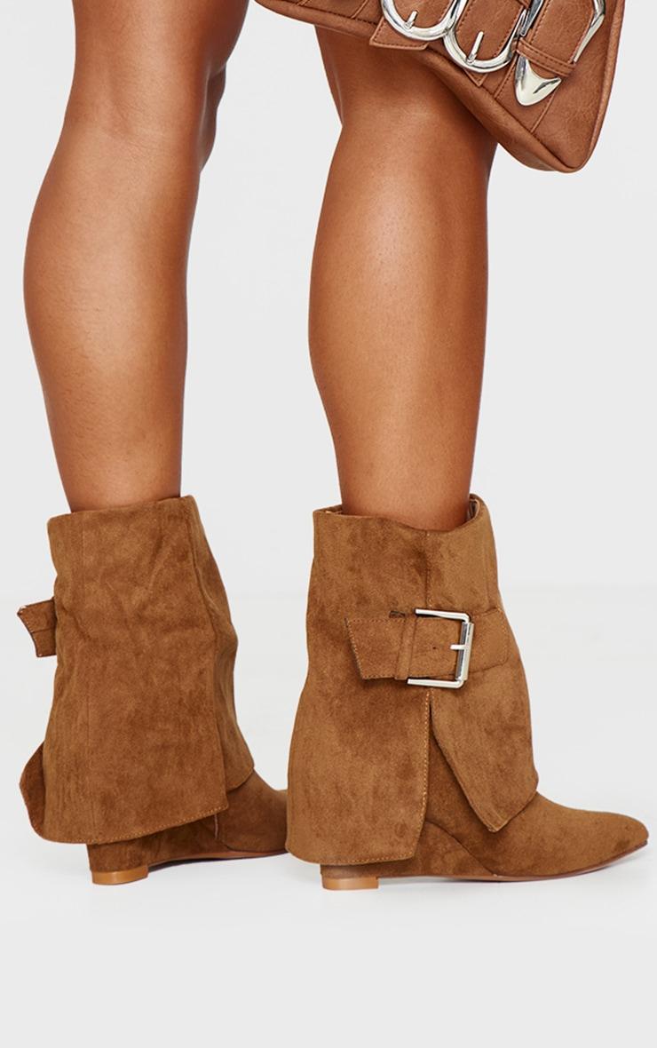 Camel Faux Suede Point Toe Buckle Fold Over Heel Boots product image