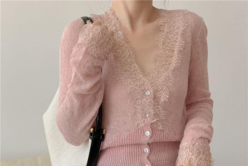 V-Neck Plain Lace Trim Cardigan Product Image