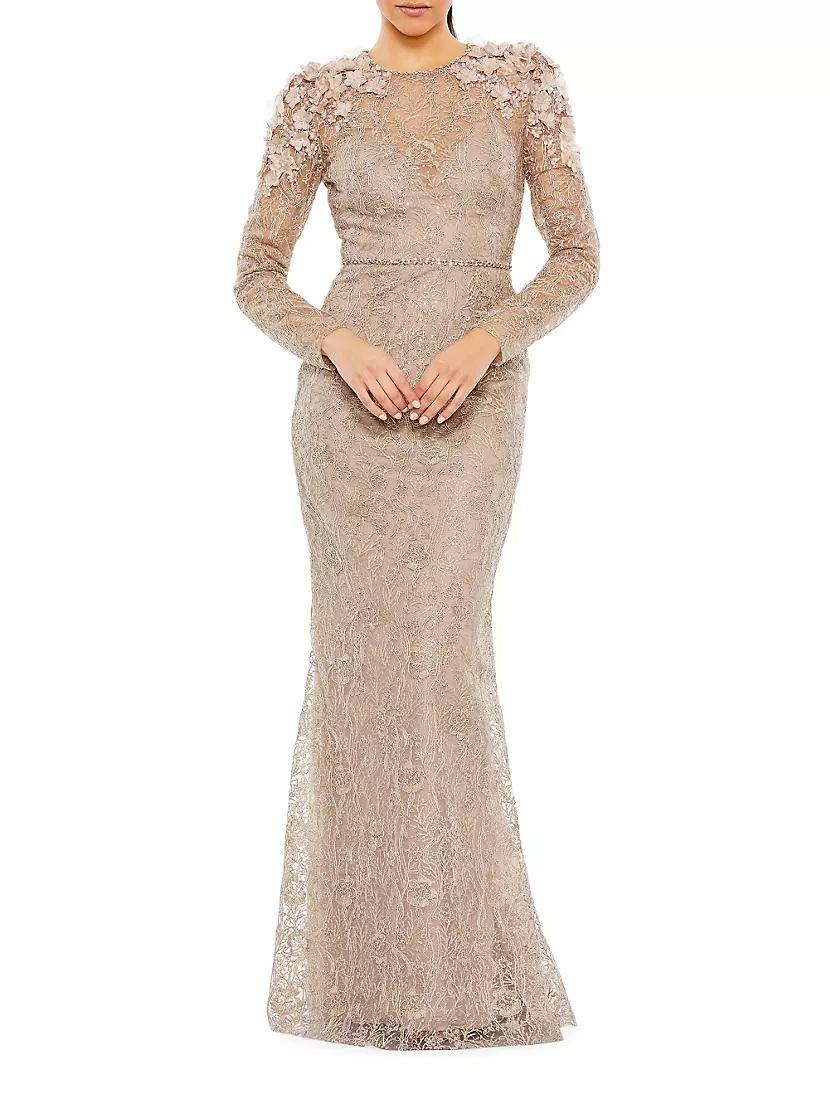 Embellished Shoulder-Detail Long-Sleeve Gown Product Image