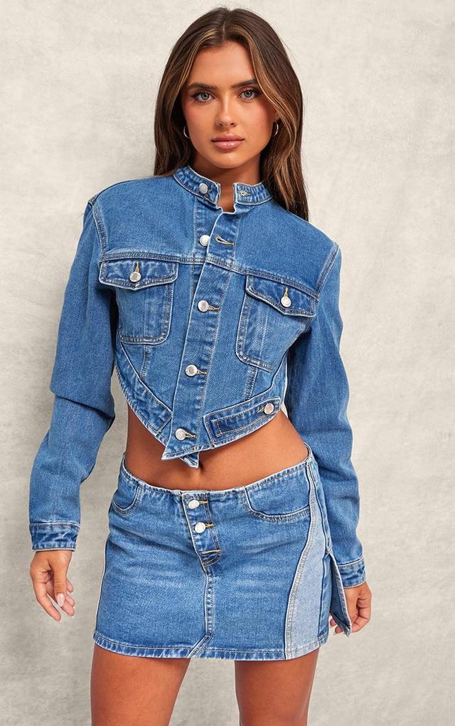 Mid Blue Wash Hanky Hem Cropped Denim Jacket Product Image