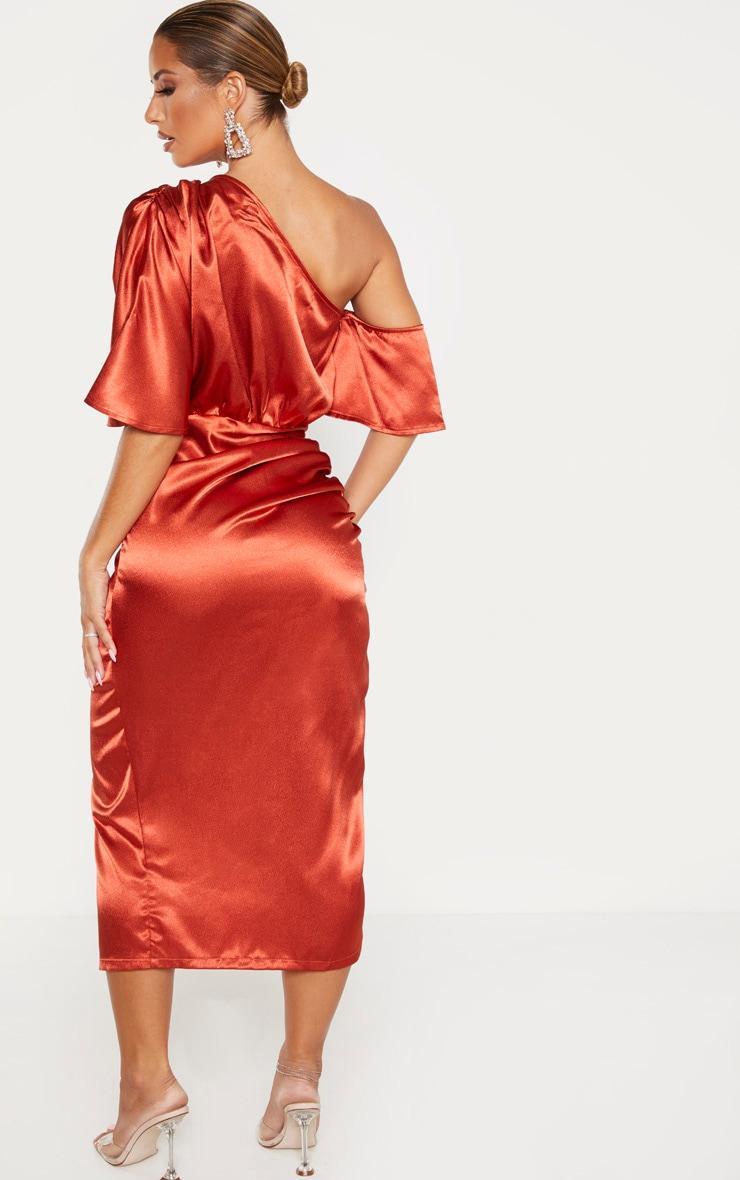 Rust Satin One Shoulder Ruched Skirt Midi Dress Product Image