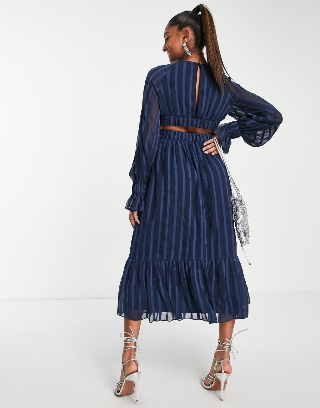 ASOS DESIGN Maternity satin stripe midi dress with blouson sleeve and button detail in navy Product Image