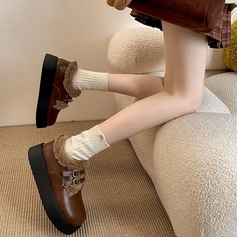 Fluffy Trim Bucked Mary Jane Shoes Product Image