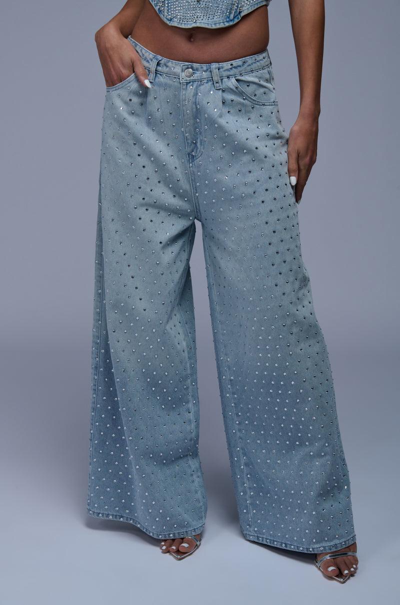 DAZZLED RHINESTONE STUDDED DENIM PANTS Product Image