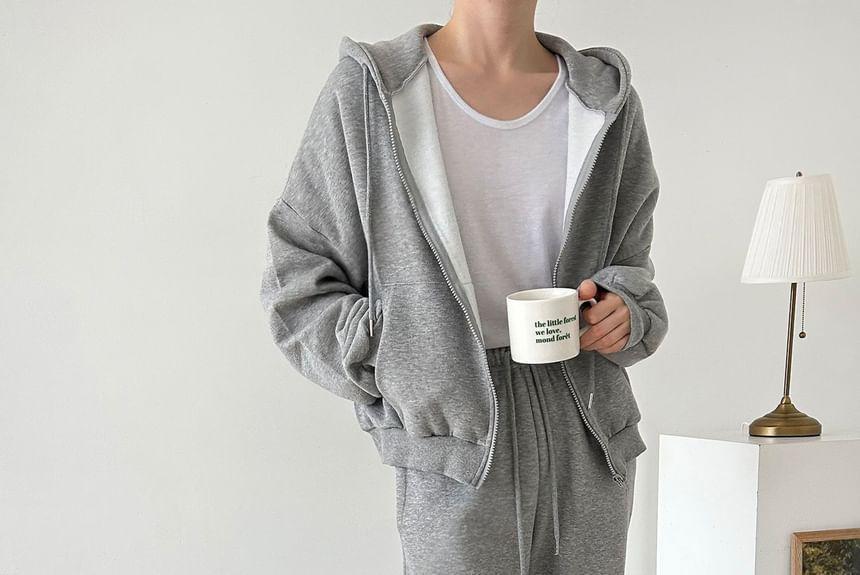 Set: Plain Zip-Up Hooded Jacket + Elastic Waist Sweatpants Product Image