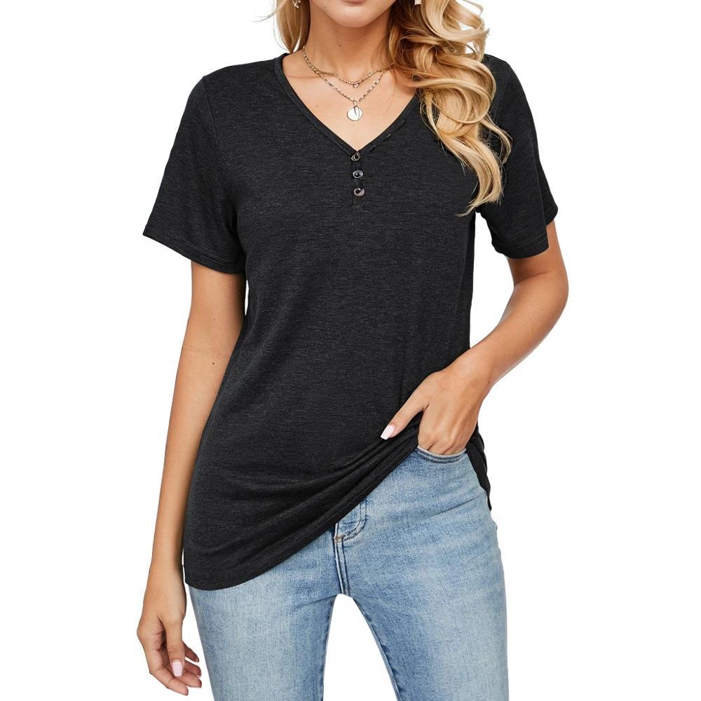 Olivia Mark –  Womens Relaxed Fit V-Neck Button Short Sleeve Solid Color T-Shirt Product Image