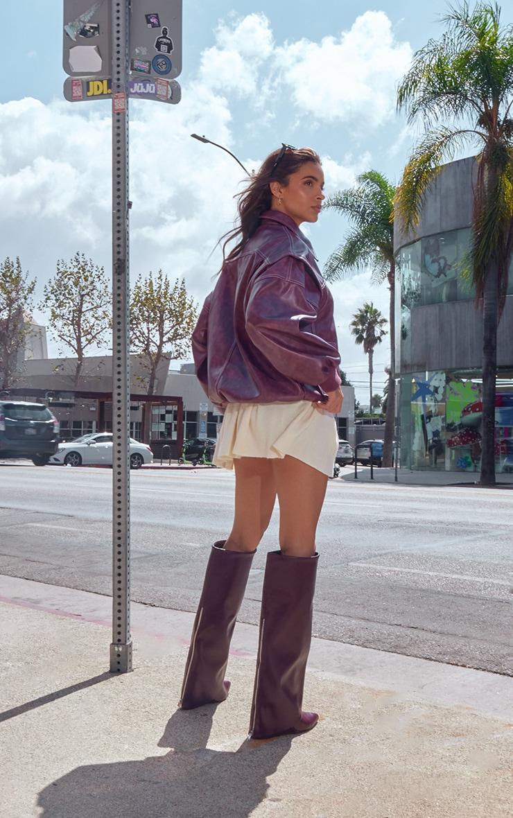 Burgundy Distressed Faux Leather Oversized Longline Bomber Jacket Product Image