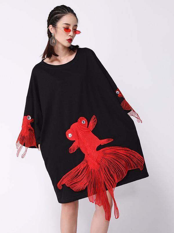 Red Goldfish Embroidered Loose Round Neck T-Shirt Dress Product Image