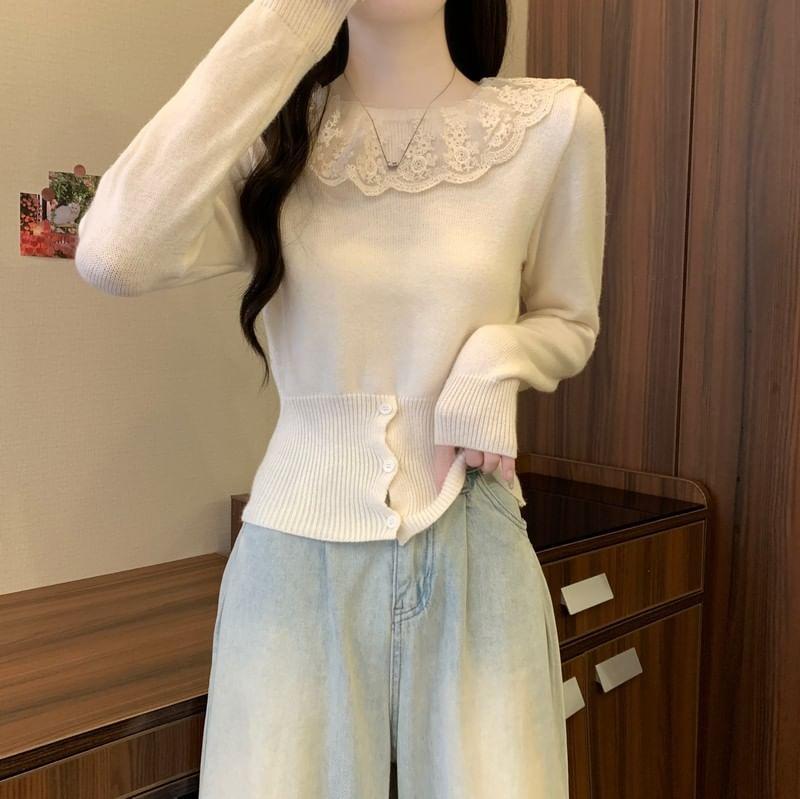 Long-Sleeve Lace Panel Button Hem Knit Top Product Image