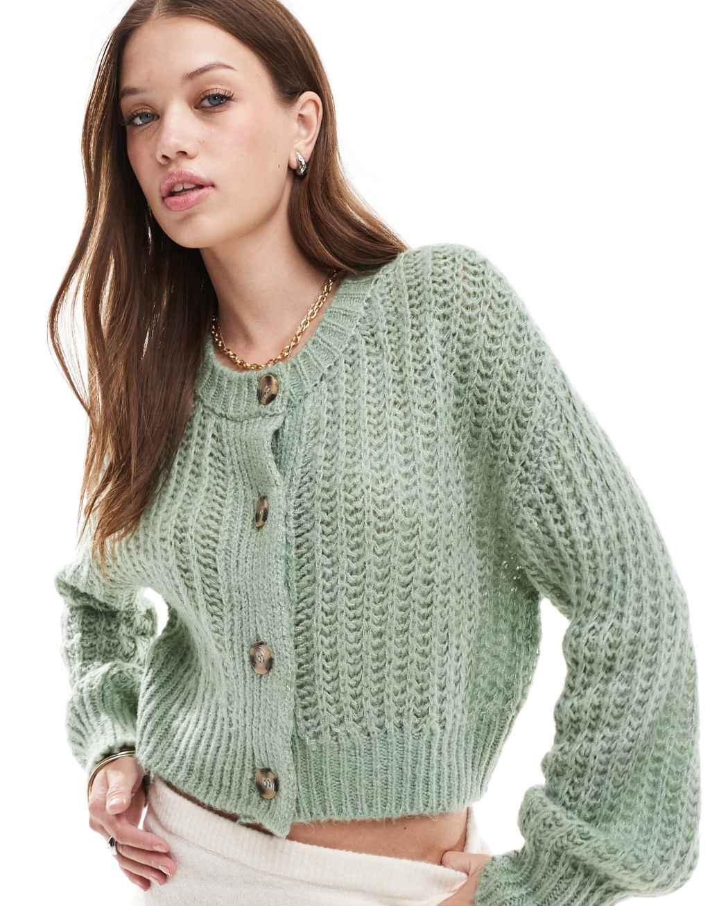 ASOS DESIGN stitch crew neck cardigan in pistachio Product Image