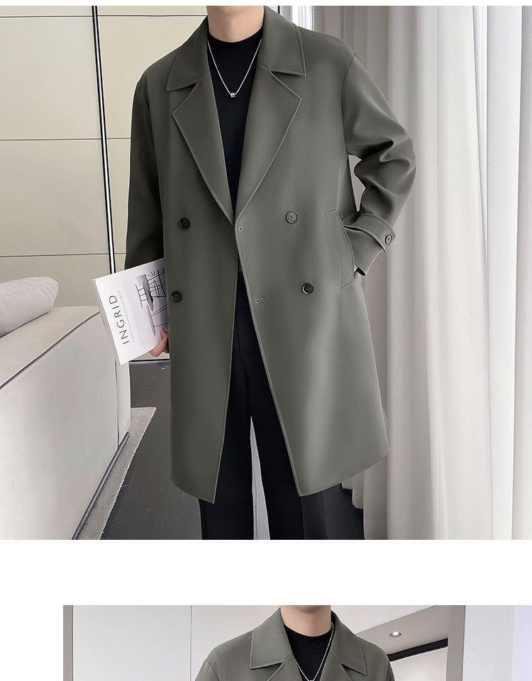 Notch Lapel Plain Double-Breasted Long Trench Coat Product Image