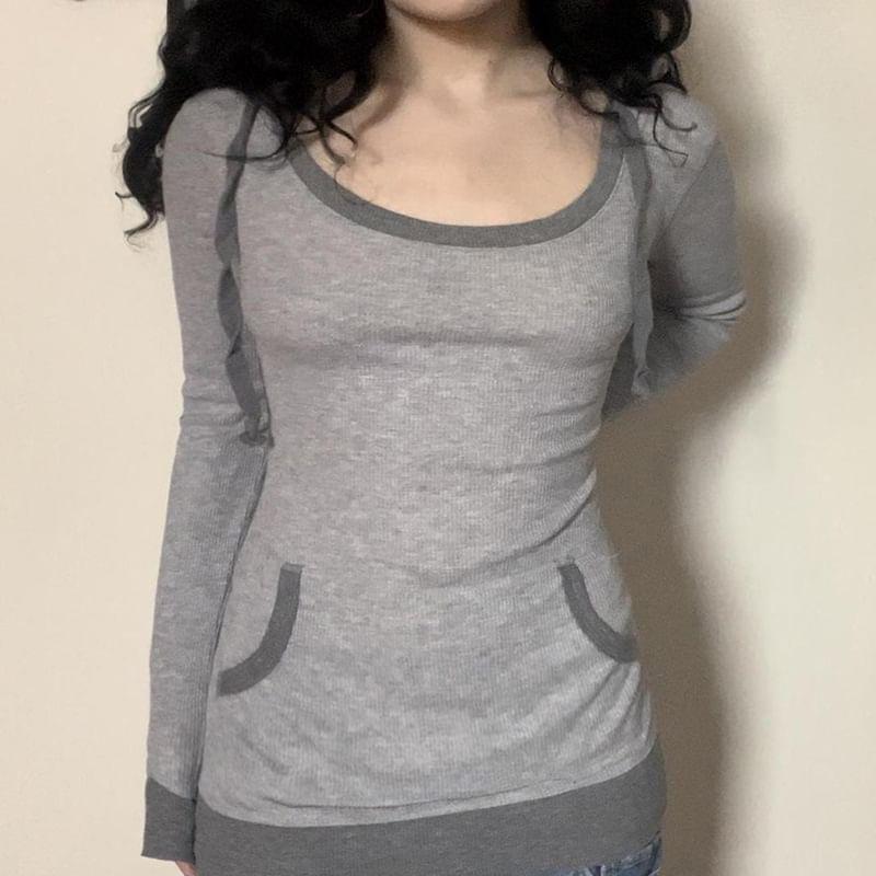 Long Sleeve Square-Neck Contrast-Trim Slim-Fit Knit Top Product Image