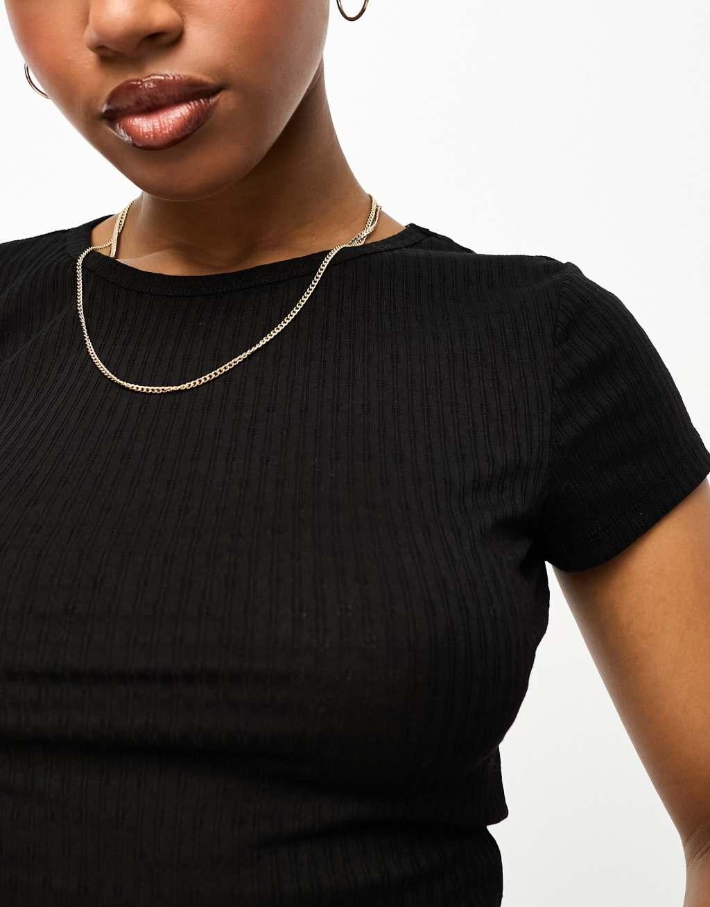 Monki ribbed pointelle long sleeve shrunken top in black Product Image