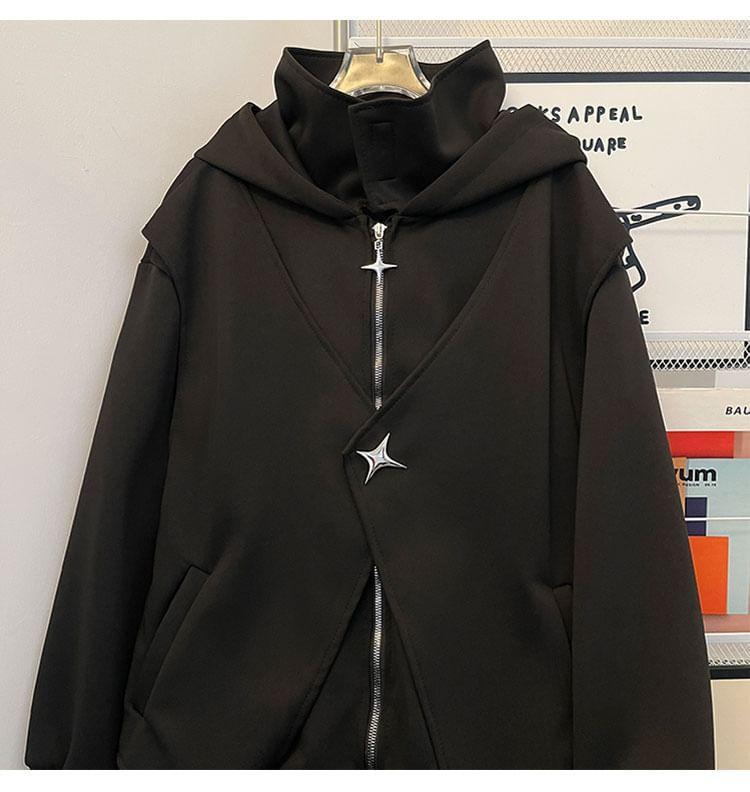 Plain Star Studded Hooded Mock Two-Piece Zip Jacket Product Image