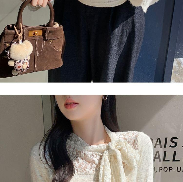 Long-Sleeve Stand Collar Lace Panel Bow Ruched Slim Fit Top Product Image